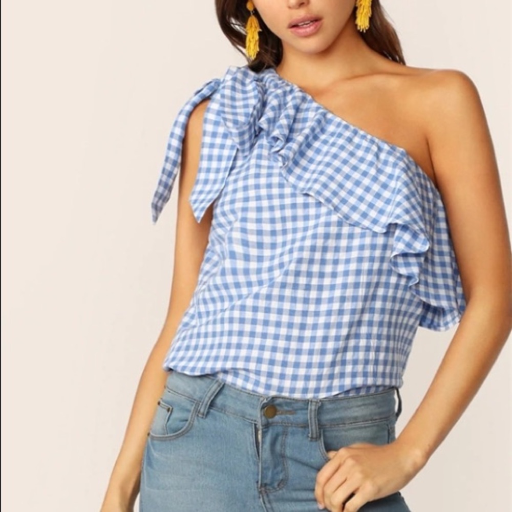 NEW Blue and White gingham one shoulder Blouse